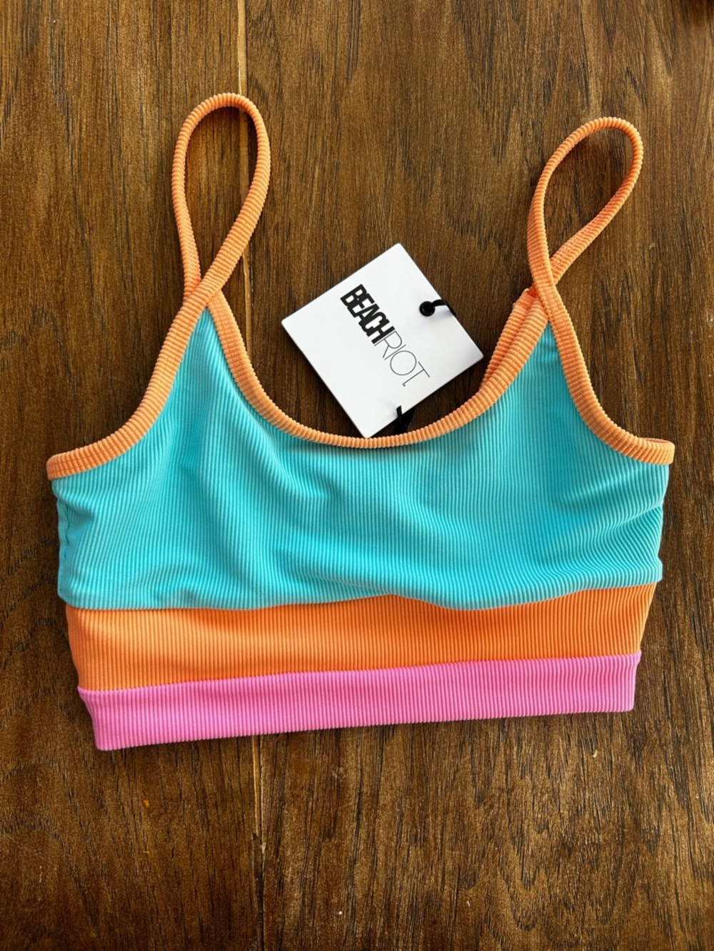 SOLD! NWT Beach Riot Turquoise, Orange & Pink Ribbed Colorblock Bikini Top